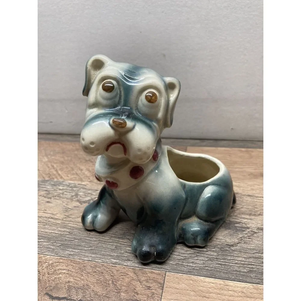 Cute Vintage Blue and White Bull Dog with Collar Figurine‎ Planter 5.5